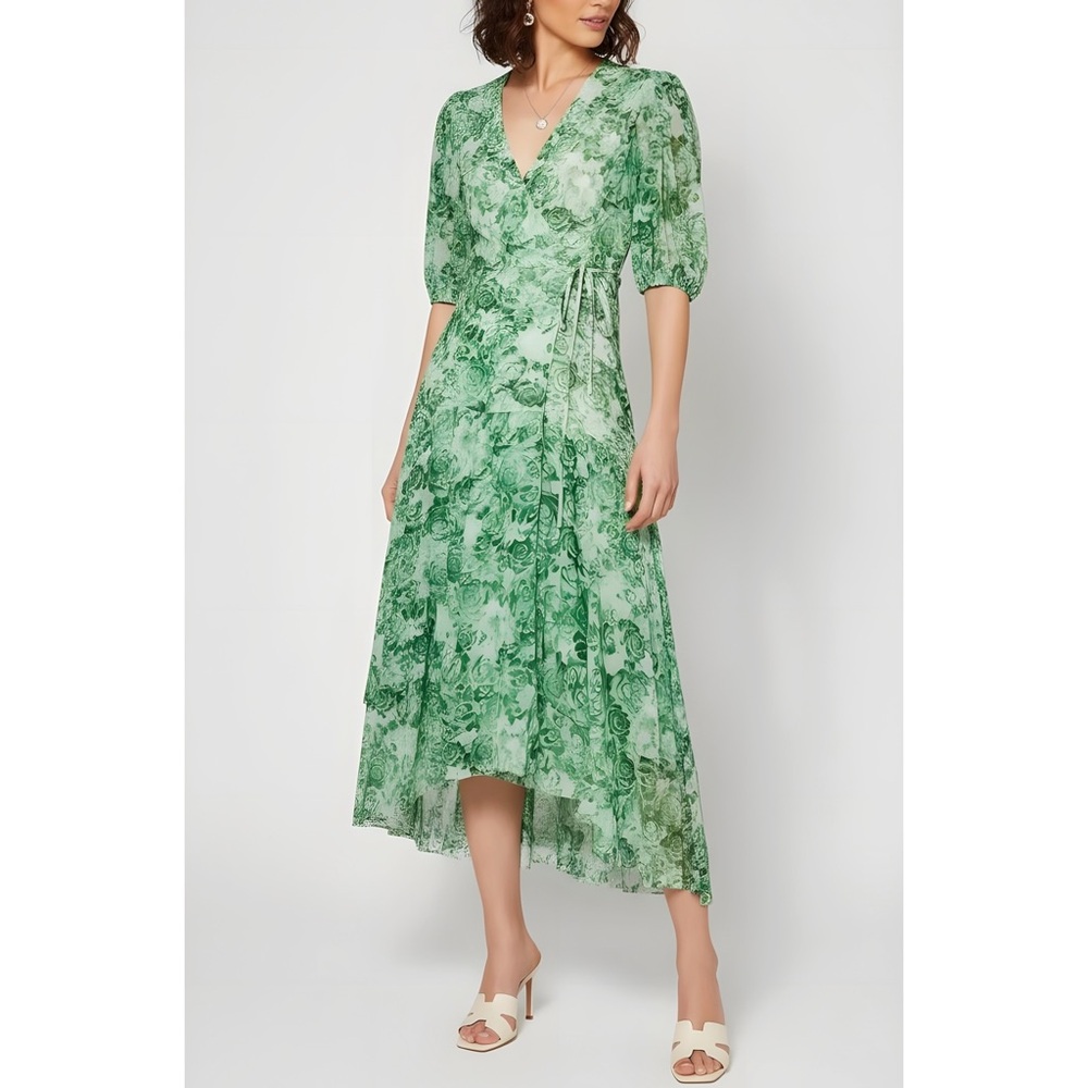 GANNI Floral Print Mesh Wrap Maxi Dress, Island Green, FR34/US2